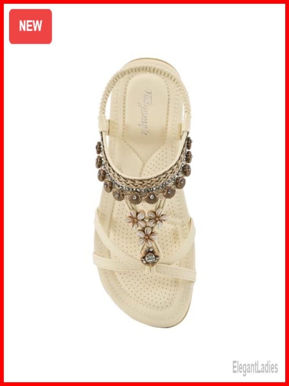 Flat Sandals with Cushioned Comfort, Elastic Ankle Strap, Bohemian Beaded
